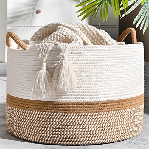KAKAMAY Large Cotton Rope Blanket Basket (20"x13") - Woven Storage KAKAMAY Large Blanket Basket (20"x13"),Woven Baskets for storage Baby Laundry Hamper, Cotton Rope Blanket Basket for Living Room, Laundry, Nursery, Pillows, Baby Toy chest (White/Brown)