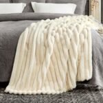 Cozy Bliss Faux Fur Throw Blanket - Plush Striped Sofa Blanket for Couch & Bedroom, 60x80 in Beige. - Image 5