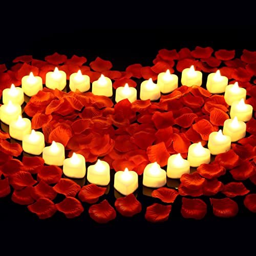 Cridoz 2000 Artificial Rose Petals & 24 LED Tea Light cridoz 2000 Pieces Artificial Rose Petals with 24 LED Tea Lights Candles, Romantic Decorations Special Night Set for Night, Valentine's Day, Wedding Anniversary or Table Décor, Warm White