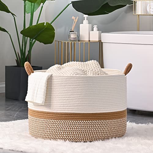 51FFfSfic8L._SL500_.jpg KAKAMAY Large Cotton Rope Blanket Basket (20"x13") - Woven Storage for Baby, Laundry, Toys (White/Brown) - Image 8