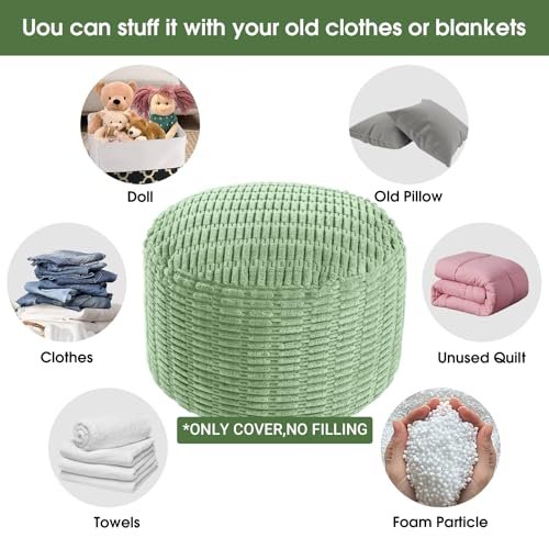 51Gh6DmP8LL._SL500_.jpg HOMBYS Round Faux Fur Ottoman Pouf Cover—Striped Tufted Storage Foot Rest for Living Room or Office (Sage Green) - Image 5