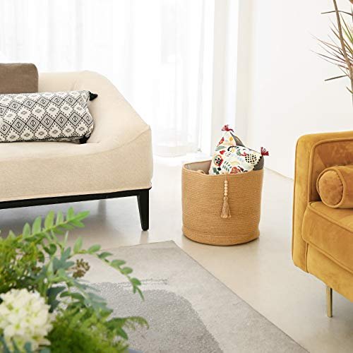 51H3EuoIwL._SL500_.jpg Mkono Natural Rope Storage Basket with Wooden Beads – Stylish Organizer for Blankets, Toys, Clothes, and Plants (16"W × 13.8"L) - Image 5