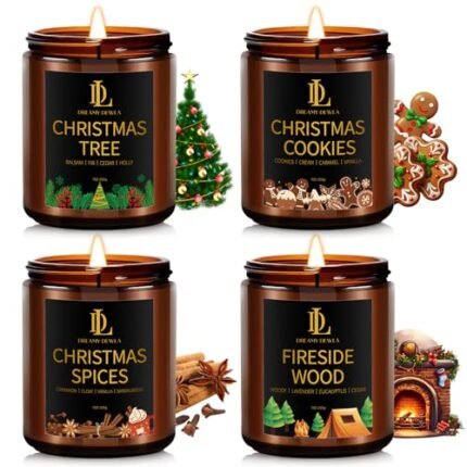 Holiday Candle Set, Winter Scented Candle, 4 Pack Soy Candles for Home Scented, Holiday Candles Gifts for Women Men, Winter Scents of Christmas Tree/Cookies/Spices/Fireside Wood