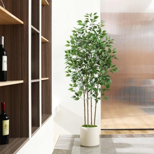 51JSVwcH3nL._SL500_.jpg SOGUYI 6ft Ficus Artificial Tree: Faux Silk Plant in White Ceramic Planter for Indoor Home Office Decor. - Image 7