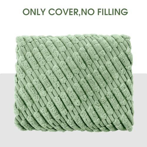 51K9SUtf7L._SL500_.jpg HOMBYS Round Faux Fur Ottoman Pouf Cover—Striped Tufted Storage Foot Rest for Living Room or Office (Sage Green) - Image 6