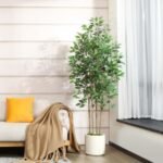 SOGUYI 6ft Ficus Artificial Tree: Faux Silk Plant in White Ceramic Planter for Indoor Home Office Decor. - Image 2