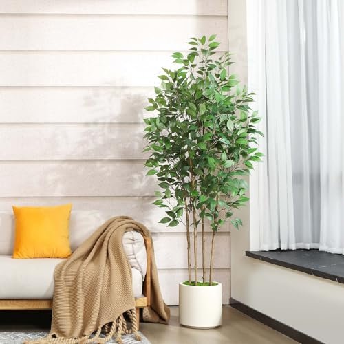 51Kl4mHNZjL._SL500_.jpg SOGUYI 6ft Ficus Artificial Tree: Faux Silk Plant in White Ceramic Planter for Indoor Home Office Decor. - Image 2