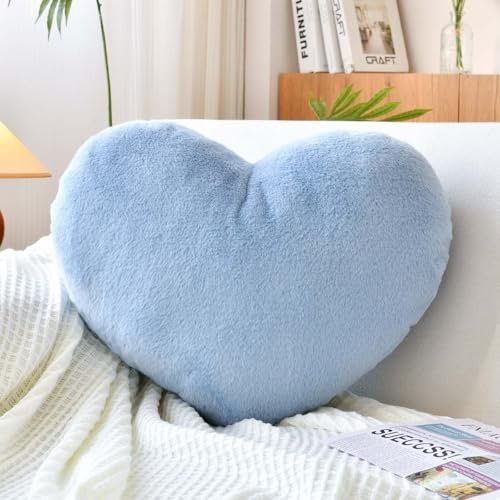 XVTRU Dusty Blue Heart Pillows - Cute Decorative Throw Pillows XVTRU Dusty Blue Heart Pillows, Cute Heart Decorative Pillow, Heart Shaped Throw Pillows for Bed, Faux Rabbit Fur Plush Hoom Decor Pillow Cushion for Chair Sofa Living Room (Medium-15.7"x11.8")