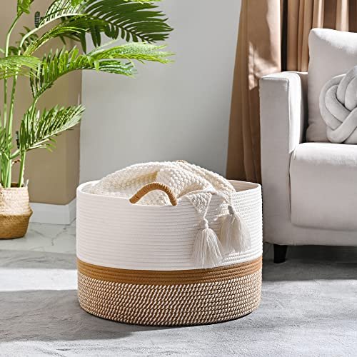 51L2nKouNIL._SL500_.jpg KAKAMAY Large Cotton Rope Blanket Basket (20"x13") - Woven Storage for Baby, Laundry, Toys (White/Brown) - Image 2
