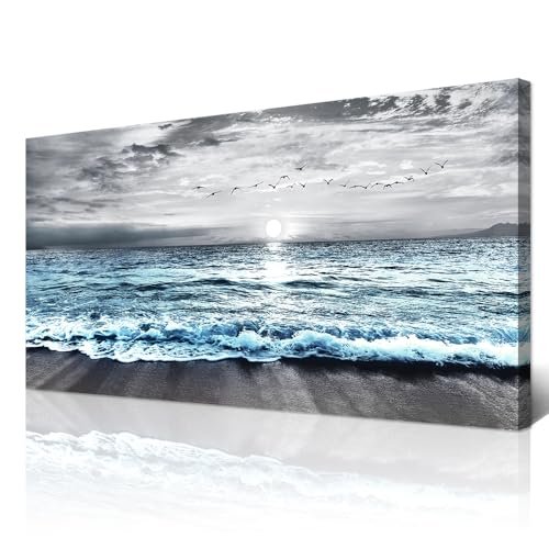 Wapluam Large Canvas Wall Art: Black & White Blue Sea Wapluam Large Canvas Wall Art For Living Room Wall Decorations For Bedroom Office Wall Decor Black And White Wall Painting Blue Sea Wave Pictures Artwork For Modern Framed Beach Posters Home Decor