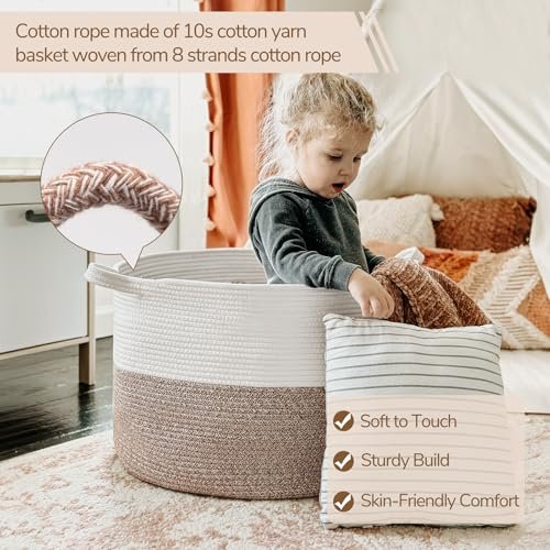 51OKrYsWML._SL500_.jpg INDRESSME XXXLarge Cotton Rope Basket - 21.7" x 21.7" x 13.8" for Baby Laundry, Toys & Comforters, Easy-Handle Storage Solution. - Image 3