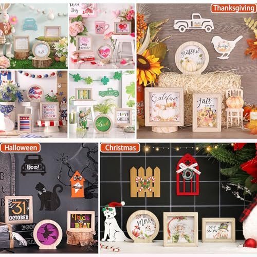51Ox9YFVWWL._SL500_.jpg Tiered Tray Decor Set: Seasonal & Holiday Decorations with 3 Frames, 21 Double-Sided Cards, & 13 Rustic Wood Signs for Home. - Image 5