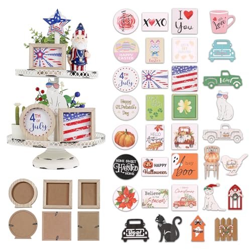 Tiered Tray Decor Set: Seasonal & Holiday Decorations with 3 Tiered Tray Decor Set - Interchangeable Seasonal & Holiday Decoration Bundle Rustic Home Decor for Living Room Bedroom, Include 3 Frames with 21 Double-sided Cards & 13 Wood Signs