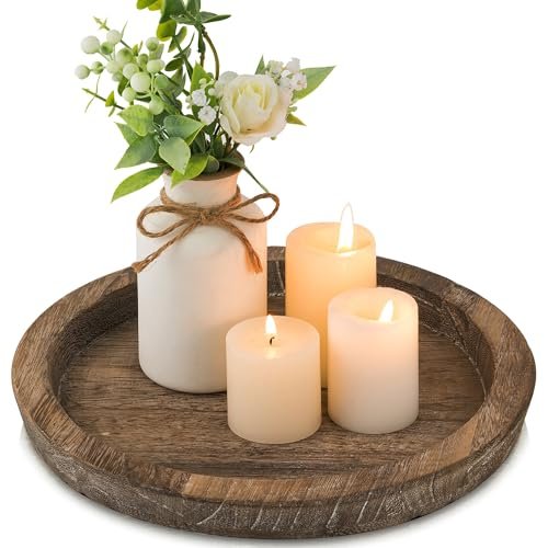 Hanobe Wooden Candle Plate Holder: Round Rustic Tray for Tealights, Hanobe Candle Plate Holder Tray: Round Wooden Decorative Candle Plate Small Farmhouse Table Centerpiece Rustic Wood Tealight Pillar Trays for Christmas Wedding Halloween Home Decor