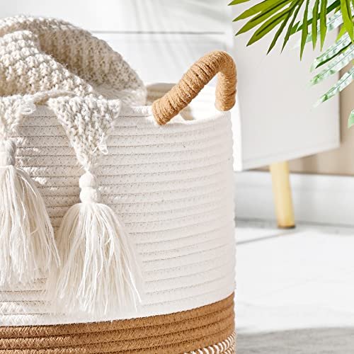 51RYigIS8fL._SL500_.jpg KAKAMAY Large Cotton Rope Blanket Basket (20"x13") - Woven Storage for Baby, Laundry, Toys (White/Brown) - Image 4