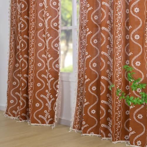 51Rq3s856L._SL500_.jpg Schweek 84-Inch Terracotta Boho Farmhouse Curtains - 2 Panels, Semi-Sheer Floral Drapes for Living Room. - Image 2