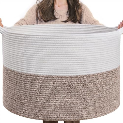 INDRESSME XXXLarge Cotton Rope Basket - 21.7" x 21.7" x INDRESSME XXXLarge Cotton Rope Basket 21.7" x 21.7" x 13.8" Woven Baby Laundry Blanket Basket Toy Baskets with Handle Storage Comforter Cushions Thread Laundry Hamper