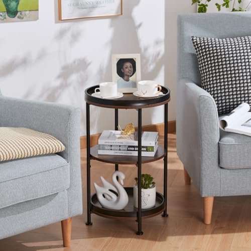 51Sl-83qyUL._SL500_.jpg Dulcii Round End Table with 3 Storage Shelves – Small Space Sofa, Nightstand, or Outdoor Table in Rustic Brown - Image 6
