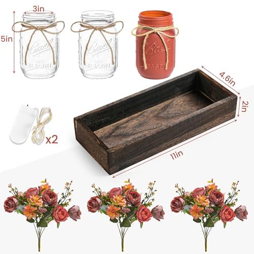 51TW1N1VxL._SL500_.jpg DUOER 3-Piece Mason Jar Centerpiece for Farmhouse Dining Table Decor with Wood Tray & LED Lights. Ideal for Kitchen, Living Room & Bathroom. - Image 7