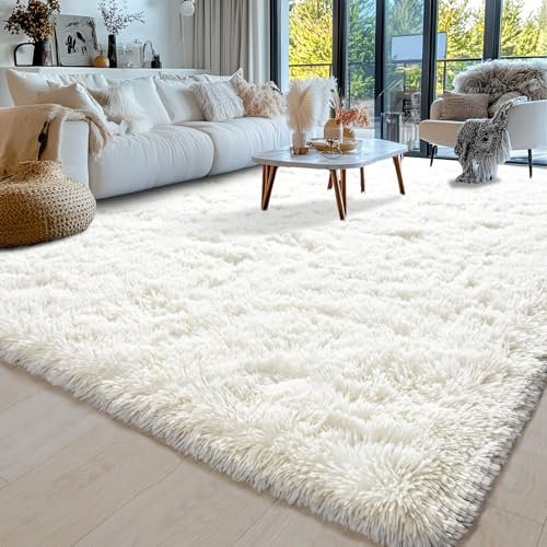51U8CDzmzcL._SL500_.jpg Ultra Soft 8x10 Area Rugs: Fluffy Shaggy Carpets for Living Rooms & Kids' Rooms - Non-Slip, Modern Cream White Decor. - Image 3