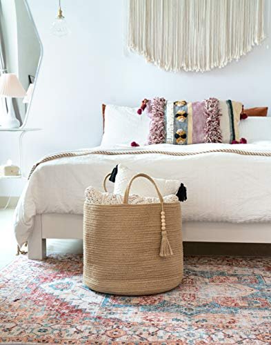 51UHfLoiEaL._SL500_.jpg Mkono Natural Rope Storage Basket with Wooden Beads – Stylish Organizer for Blankets, Toys, Clothes, and Plants (16"W × 13.8"L) - Image 4