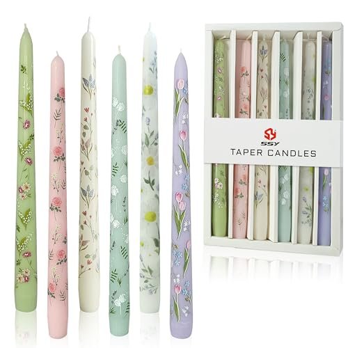 Dripless Floral Taper Candles - 10" Handmade Candle Sticks, 6 Print Taper Candles Dripless Candlessticks - 6 Pack Handmade Floral Candle Long Candle Sticks - 10 inches Flower Tapered Candles for Home Party Wedding Restaurant Holiday Decor