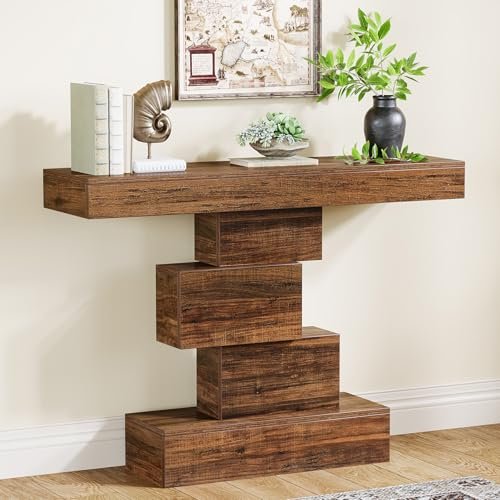 Tribesigns 42.5" Farmhouse Console Table - Narrow Rustic Brown Sofa Tribesigns 42.5" Farmhouse Console Table, Narrow Wood Sofa Table Behind Couch with Geometric Base, Industrial Entryway Accent Table for Living Room, Hallway, Entrance (Rustic Brown)