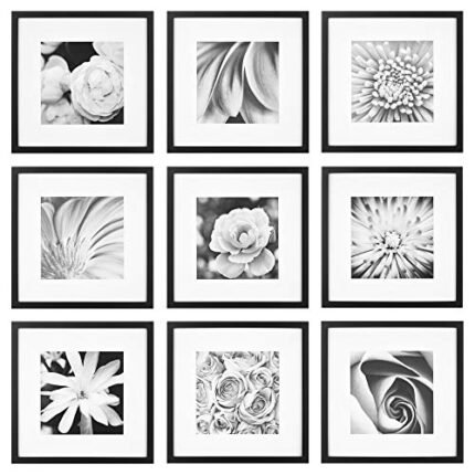 Gallery Perfect's 9-Piece - Square Photo Frame - Stunning Display with Frame Wall Gallery Kit - Decorative Art Prints & Hanging Template - Effortless Styling - Square Wall Mount - Black Frame