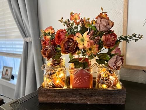 51VsffxmVyL._SL500_.jpg DUOER 3-Piece Mason Jar Centerpiece for Farmhouse Dining Table Decor with Wood Tray & LED Lights. Ideal for Kitchen, Living Room & Bathroom. - Image 5