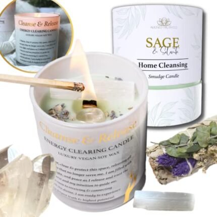 Sage Candle with Crystals – Energy Cleansing Smudge Candle with Selenite & Quartz – Spiritual Gift for Home or Ritual Use