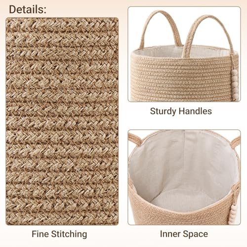 51bvBwKyKrL._SL500_.jpg Mkono Natural Rope Storage Basket with Wooden Beads – Stylish Organizer for Blankets, Toys, Clothes, and Plants (16"W × 13.8"L) - Image 9