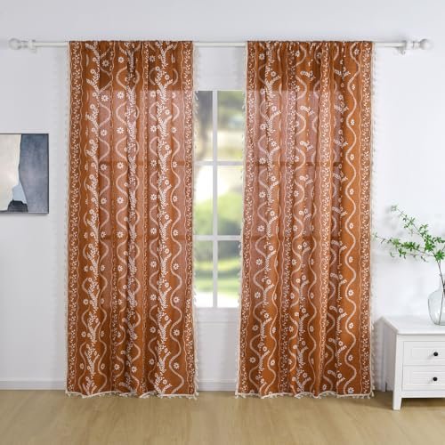 51c4otwDy6L._SL500_.jpg Schweek 84-Inch Terracotta Boho Farmhouse Curtains - 2 Panels, Semi-Sheer Floral Drapes for Living Room. - Image 7
