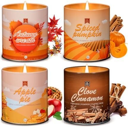 Set of 4 Fall Scented Candles,9 oz Aromatherapy Cinnamon Pumpkin Spice Soy Wax Candle for Home Scented, Candles Gifts for Women Men - Apple Pie/Autumn Wreath/Cinnamon Pumpkin Candle for Autumn Decor
