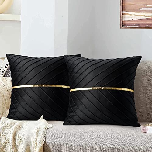 51deSsTNA4L._SL500_.jpg Tosleo Black Velvet Throw Pillow Covers 18x18” - Pack of 2 with Gold Leather for Modern Luxury Decor. - Image 5