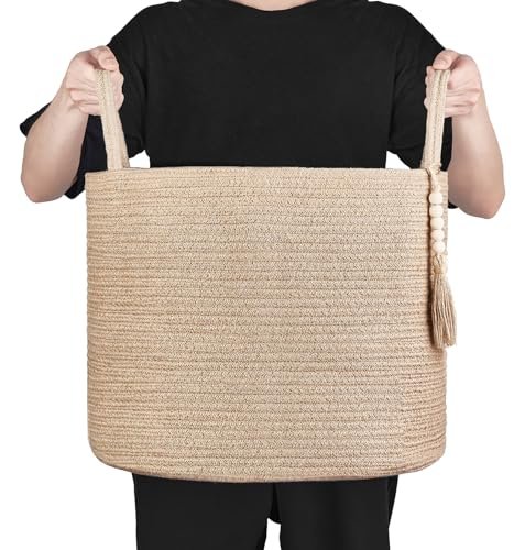 51e109ap9TL._SL500_.jpg Mkono Natural Rope Storage Basket with Wooden Beads – Stylish Organizer for Blankets, Toys, Clothes, and Plants (16"W × 13.8"L) - Image 6