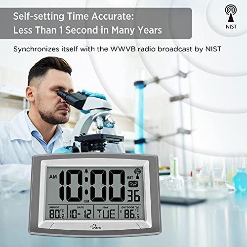 51eXdbBkiQS._SL500_.jpg WallarGe Atomic Clock: 12.5" Self-Setting Digital Clock with Indoor/Outdoor Temp. Battery-Powered for Home or Office. - Image 3