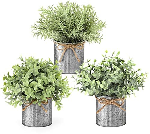 Mkono 3-Pack Small Eucalyptus Fake Plants in Galvanized Metal Pots Mkono Small Fake Plants in Farmhouse Galvanized Metal Pots 3 Pack Potted Artificial Plant Eucalyptus for Laundry Room Bathroom Shelf Table Decor
