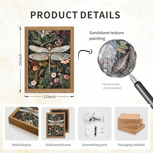 51g7r0gr8hL._SL500_.jpg Framed Vintage 3D Textured Wall Art - Dark Green Dragonfly & Flowers Decor - Hand-drawn Sandstone Nature Art for Living Room & Bedroom, 12x16in - Image 3