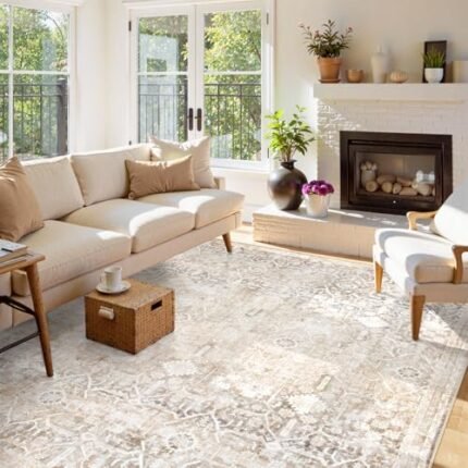 Collive Large Area Rug for Living Room 9x12, Neutral Boho Washable Area Rug 9x12 Non Slip Modern Farmhouse Bedroom Carpet Stain Resistant Ultra-Thin Low Pile Print Floor Mat for Dining Office - Beige