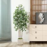 SOGUYI 6ft Ficus Artificial Tree: Faux Silk Plant in White Ceramic Planter for Indoor Home Office Decor. - Image 8