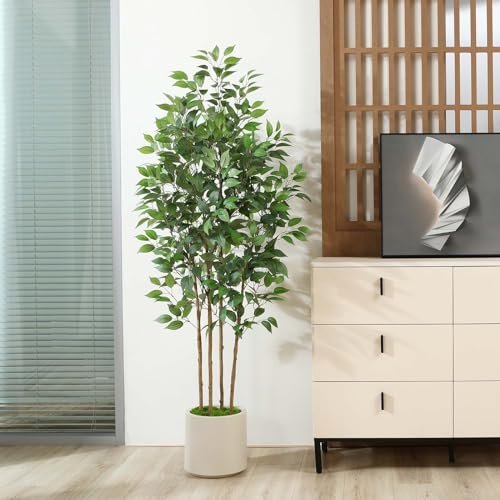 51gjkW1d-8L._SL500_.jpg SOGUYI 6ft Ficus Artificial Tree: Faux Silk Plant in White Ceramic Planter for Indoor Home Office Decor. - Image 8