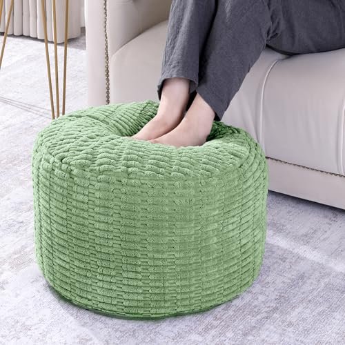 51hpPG8-3JL._SL500_.jpg HOMBYS Round Faux Fur Ottoman Pouf Cover—Striped Tufted Storage Foot Rest for Living Room or Office (Sage Green) - Image 2