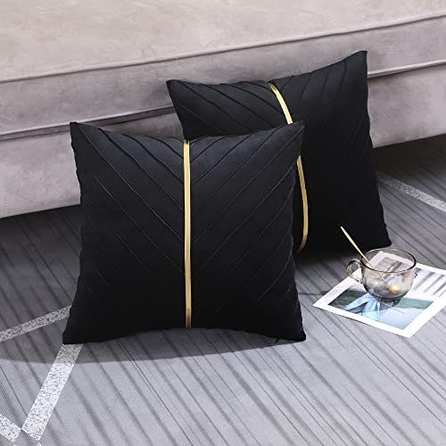 51iNp2np1QL._SL500_.jpg Tosleo Black Velvet Throw Pillow Covers 18x18” - Pack of 2 with Gold Leather for Modern Luxury Decor. - Image 7