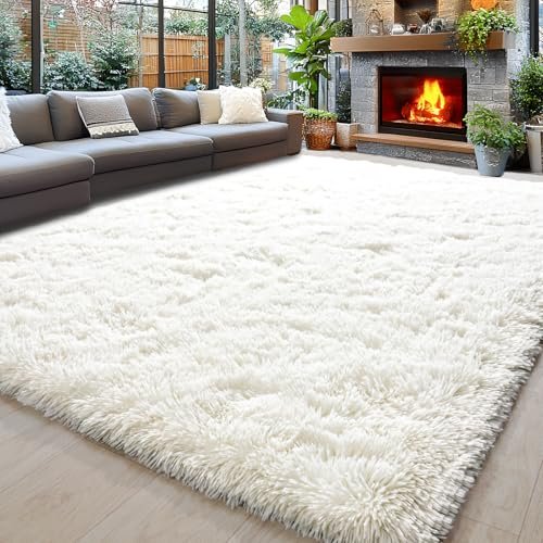 Ultra Soft 8x10 Area Rugs: Fluffy Shaggy Carpets for Living 8x10 Area Rugs for Living Room, Ultra Soft Fluffy Large Shaggy Rug Carpet for Bedroom, Non-Slip Fuzzy Plush Rugs for Nursery Boys Girls Kids Room Modern Indoor Home Decor, Cream White