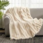 Cozy Bliss Faux Fur Throw Blanket - Plush Striped Sofa Blanket for Couch & Bedroom, 60x80 in Beige. - Image 4