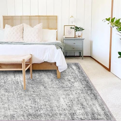 51kzVmKQsDL._SL500_.jpg CHAMPLANT 6x9 Washable Gray Vintage Area Rug - Thin Non-Slip Carpet for Living Room, Bedroom, and Kitchen Decor. - Image 2