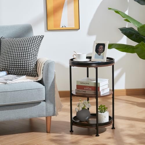 51msz58z61L._SL500_.jpg Dulcii Round End Table with 3 Storage Shelves – Small Space Sofa, Nightstand, or Outdoor Table in Rustic Brown - Image 2