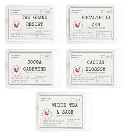 Resort Soy Wax Melts 16oz (5 Pack) - Clean & Fresh Scents: Cashmere, Eucalyptus Zen, White Tea & Sage, Cactus - Farm Raised Candles. Designer Oil-Inspired Fragrances