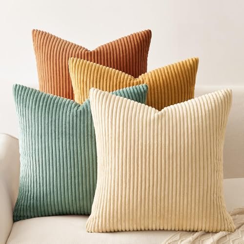 Topfinel Set of 4 Velvet Decorative Pillow Covers, 18x18 inch, Topfinel Decorative Throw Pillow Covers Cushion Cases, Set of 4 Soft Velvet Modern Double-Sided Designs, Mix and Match for Boho Farmhouse Fall Home Decor (18x18 inch, Orange/Teal)