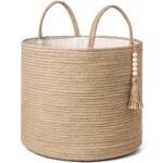 Mkono Woven Storage Basket Decorative Natural Rope Basket Wooden Bead Decoration for Blankets,Toys,Clothes,Shoes,Plant Organizer Bin with Handles Living Room Home Decor, Jute, 16" W × 13.8"L